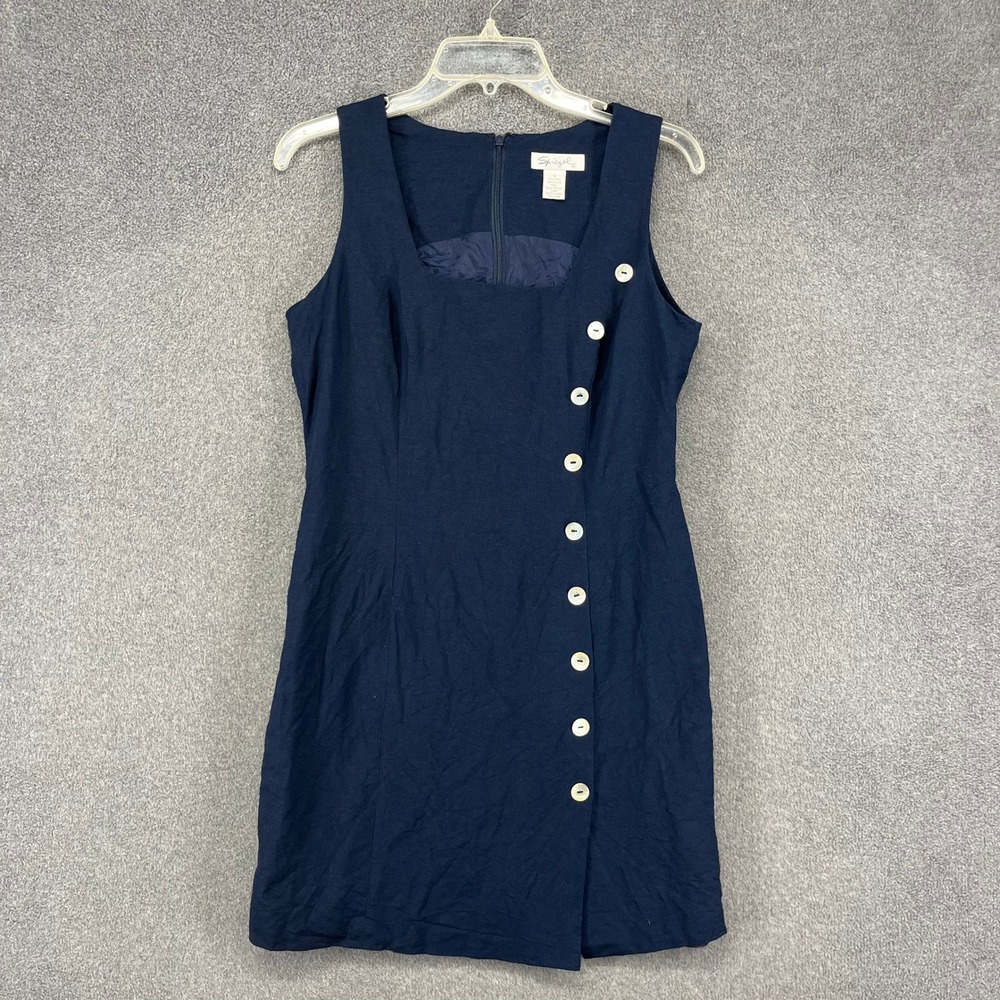 Spiegel Linen Blend Sheath Dress Womens 6 Navy Square Neck career office preppy